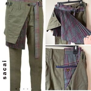 SACAI Rate Khaki Cotton Deconstructed Check Wool Kilt Pants JP1 Women’s S Unique